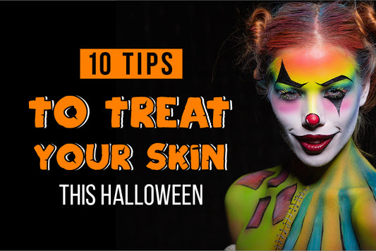 woman in colorful halloween clown face paint makeup with hair in buns on black background banner