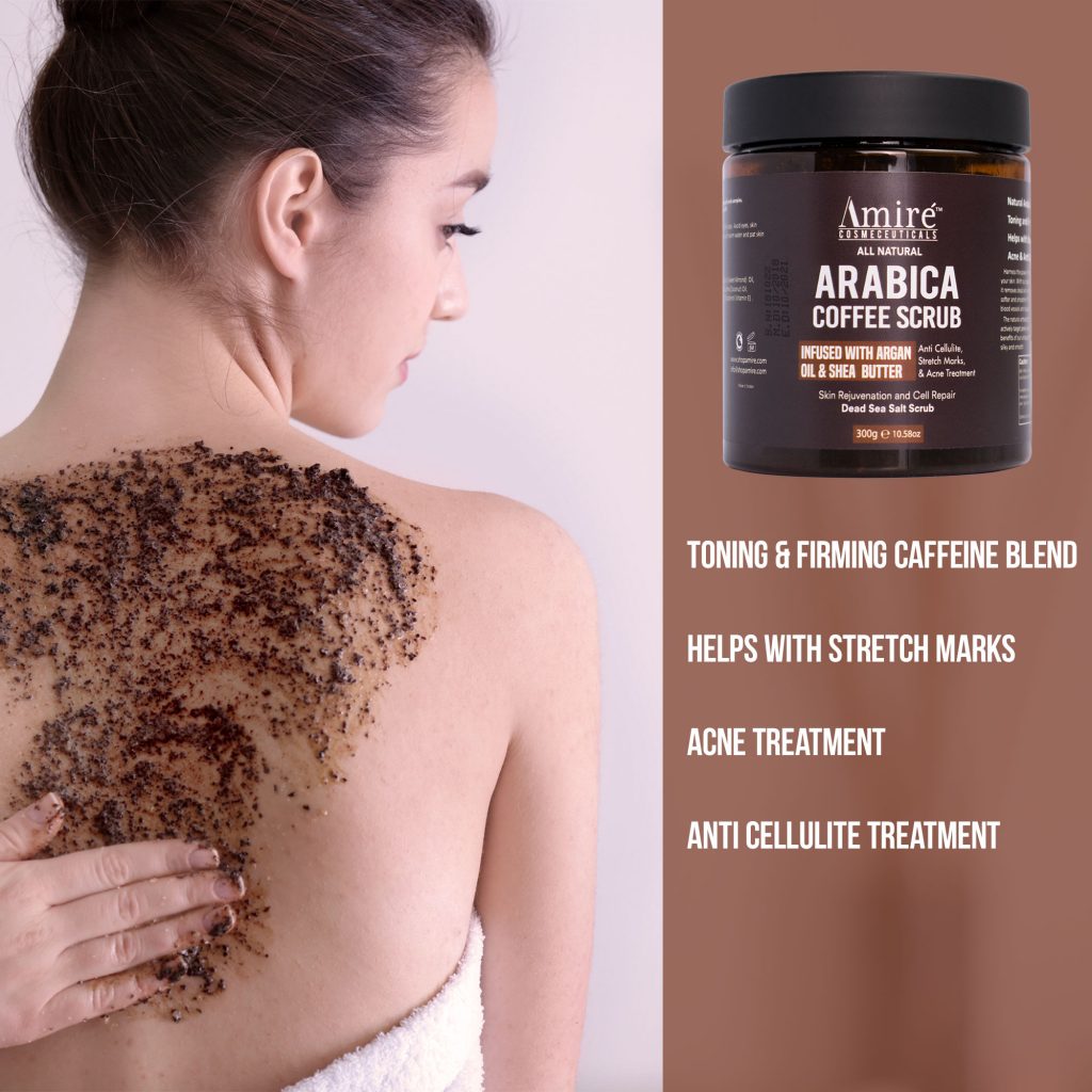 arabica coffee scrub exfoliating all natural argan oil shea butter anti cellulite stretch marks acne treatment